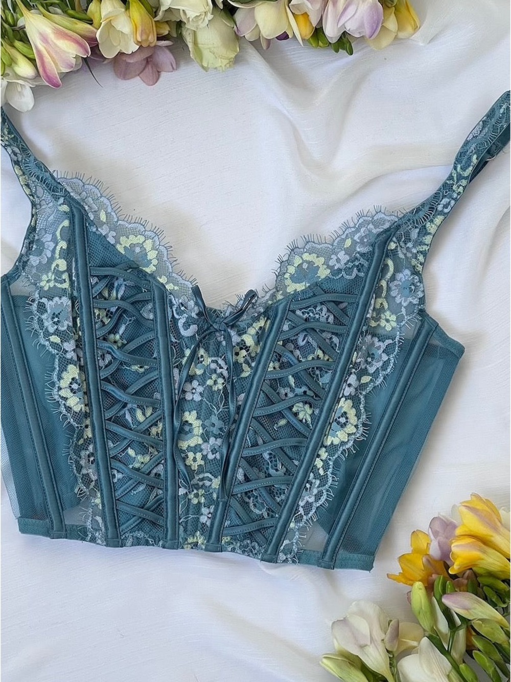 Victoria’s Secret Blue Lace Corset‑Style Bra Size Large Y2K Coquette Cottagecore - Picture 3 of 8